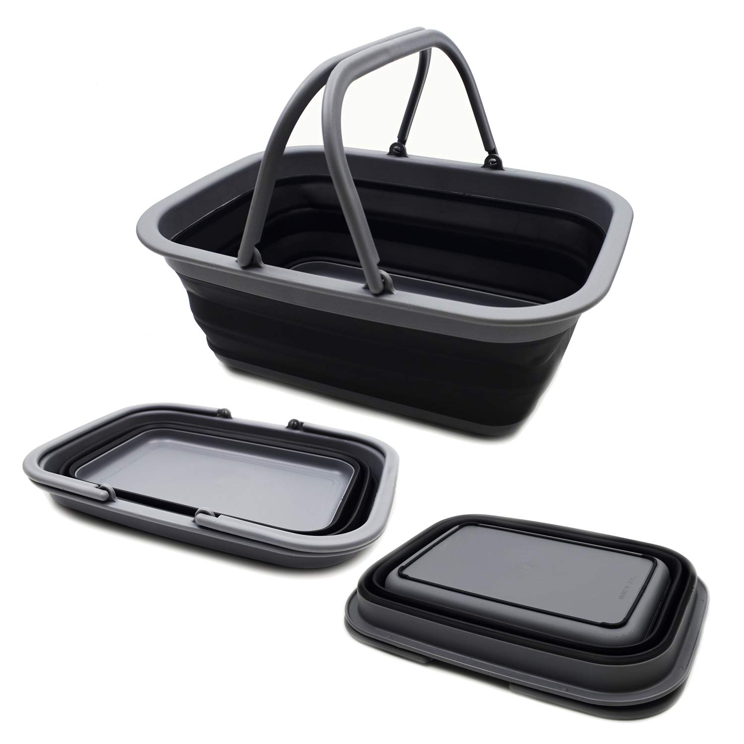 SAMMART 9.2L Collapsible Tub with Handle - Portable Outdoor Picnic Basket/Crater - Foldable Shopping Bag - Space Saving Storage Container (Grey/Black, 1)
