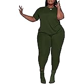 PINSV Women's Plus Size 2 Piece Outfits Tracksuits Short Sleeve Top Pants Sets Sweatsuits