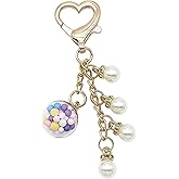 JHONE68 Cute Keychain Accessories for Women Girls Gift, Heart with Pearl Gold Keychains Bag Charms for Handbag Purse KeyRing (White Ball)