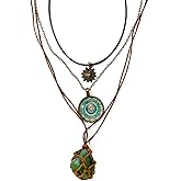 RUIFUU Boho Layered Necklaces,Green Crystal Sun and Floral Pendant Necklace,Vintage Ethnic Choker Necklace Handmade Retro Jewelry Gift for Women