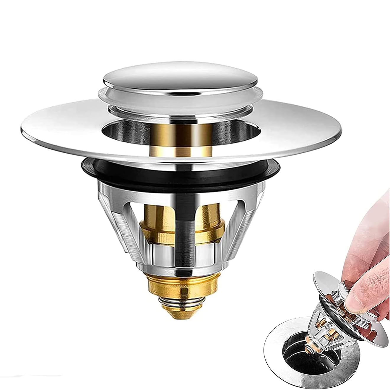 Bathroom Sink Plug Replacement, Brass Universal Pop Up Drain Stopper with Bounce Core, Bath Basin Plug Filter with Basket Hair Catcher, Push Type Sink Strainer No Overflow for Bathroom,34-38mm