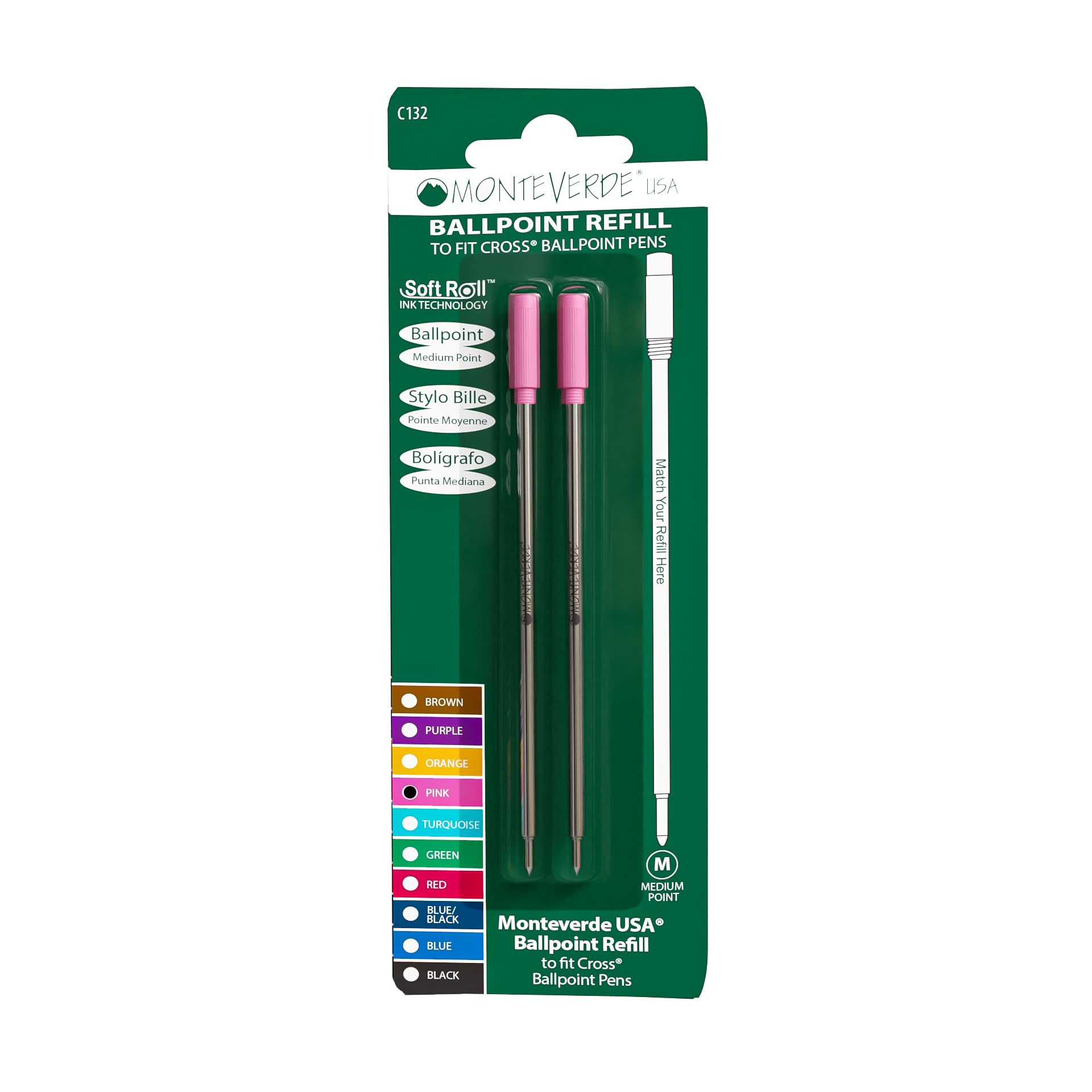 Monteverde Medium Ballpoint Soft Roll Refill for Cross Pens - Pink (Pack of 2)