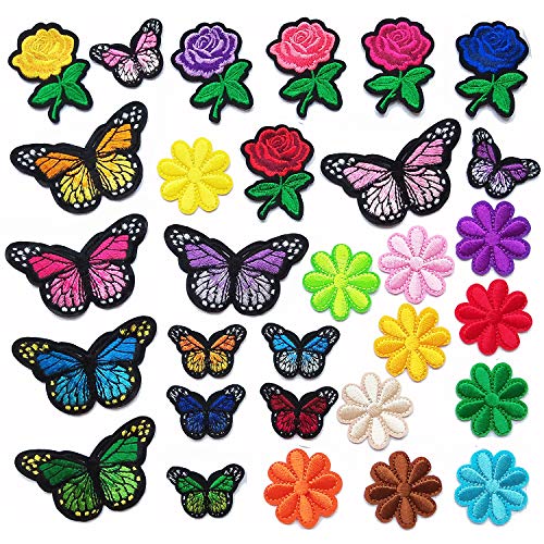 Czorange Butterfly Applique Clothing Iron On Patch Embroidery Applique Patches Rose Flowers for Arts Crafts DIY Decor, Jeans, Jackets, Clothing, Bags (Pack of 40 Pieces)