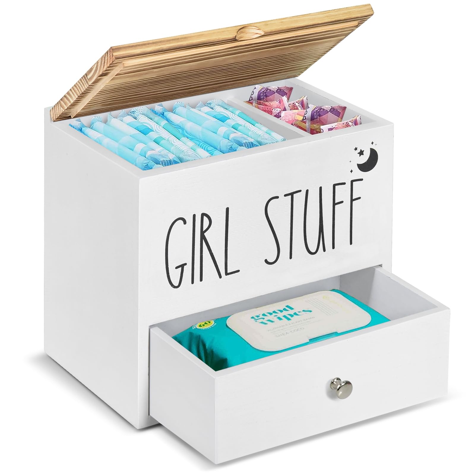 Photo 1 of Tampon Holder for Bathroom Decor and Storage, Wood Feminine Product Organizer with Drawer and Lid, Pad and Tampon Organizer Bathroom Accessories Box for Tampon Storage, White Cotton Ball/Swab Holder