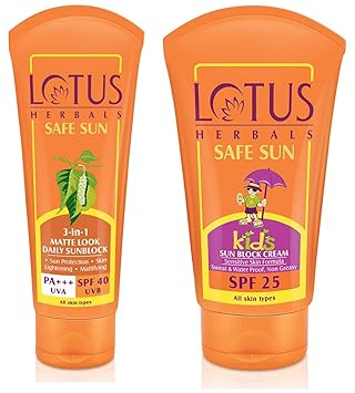 Lotus Herbals Safe Sun 3-In-1 Matte Look Daily Sunblock, SPF 40, 100g & Herbals Safe Sun Kids Sun Block Cream SPF 25, 100g Combo