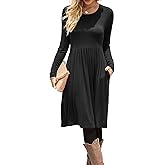 DB MOON Women Casual Long Sleeve Dresses Empire Waist Knee Length Loose Dress with Pockets