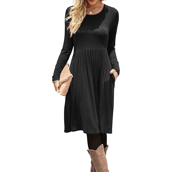 DouBCQ Women's Casual Long Sleeve Flowy Pleated Fall Dresses with Pockets  (0-Black, S) at Amazon Women's Clothing store