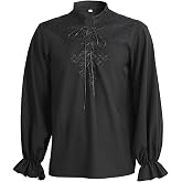 HidmFaw Mens Renaissance Shirt Medieval Pirate Blouse Vampire Top Lace-up Neck Flared Sleeves Retro Gothic Punk Costume