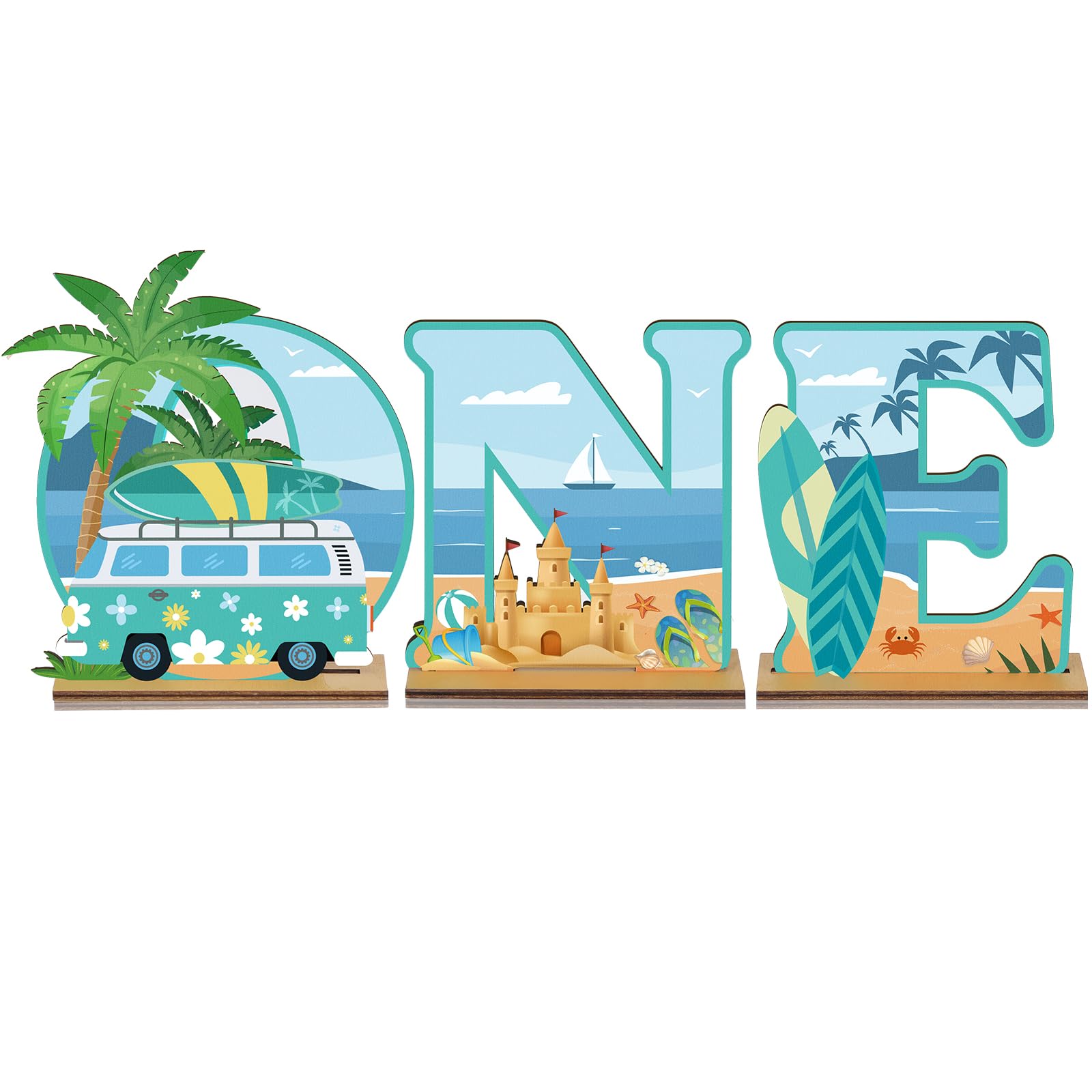 Photo 1 of Yuefunny 3 Pcs Surf First Birthday Decorations the Big One Wooden Table Centerpiece Surf One Letter Sign 1st Party Supplies for Summer Beach Birthday Board Swimming Hawaii Party Decor