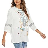 AK Embroidered Tops for Women 3/4 Sleeve Bohemian Mexican Floral Peasant Shirts Loose Tunic Blouses