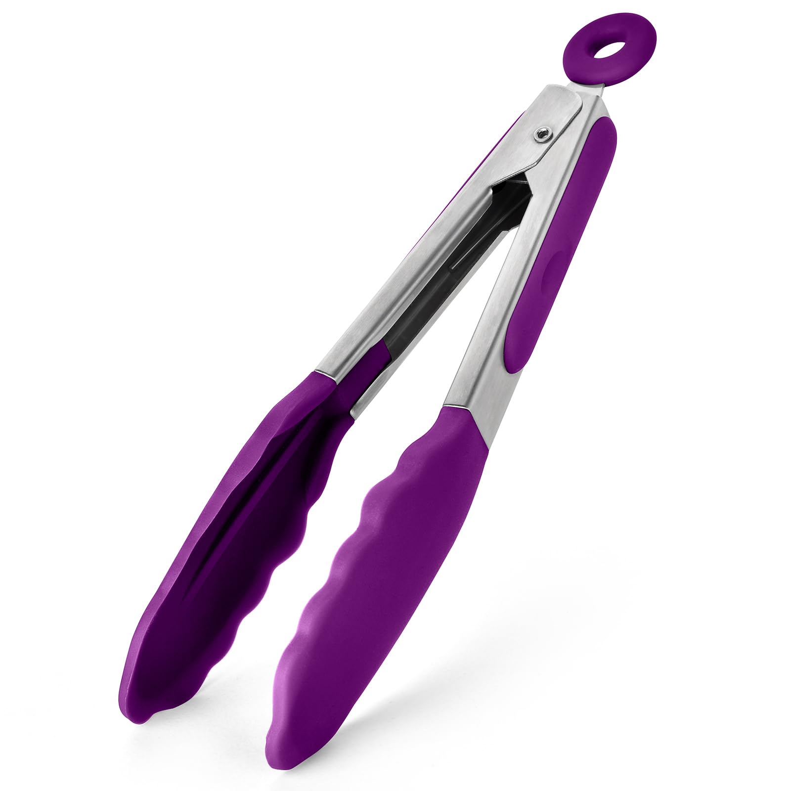 315℃ Heat Resistant Kitchen Tongs: U-Taste 18cm Silicone Cooking Tong with Firm Sealed Non Stick Silicone Tips & Silicone Coated 18/8 Stainless Steel Handle & Smooth Locking for Serving (Purple)