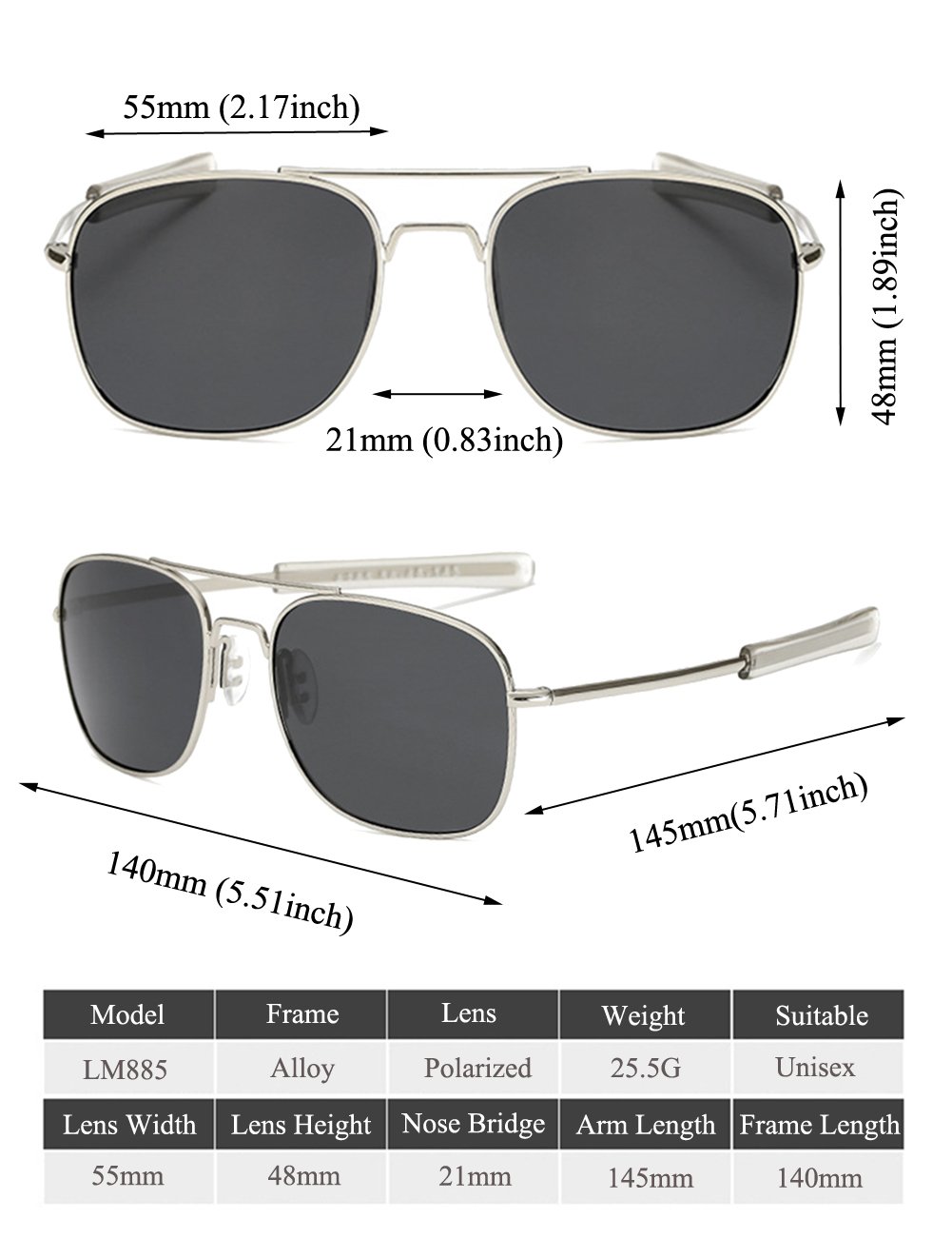LUDEM Mens Military Aviator Sunglasses Polarized Square 55mm Pilot Bayonet Temples (Silver & Grey, 55)