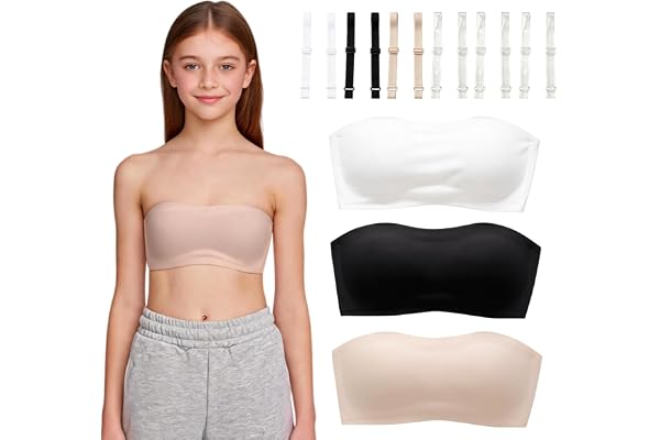 3Pack Girls Seamless Strapless Bras with Clear Straps for Teen 10-16Y | Comfy Anti-Slip Wireless Tube Bras with Fixed Bust fo
