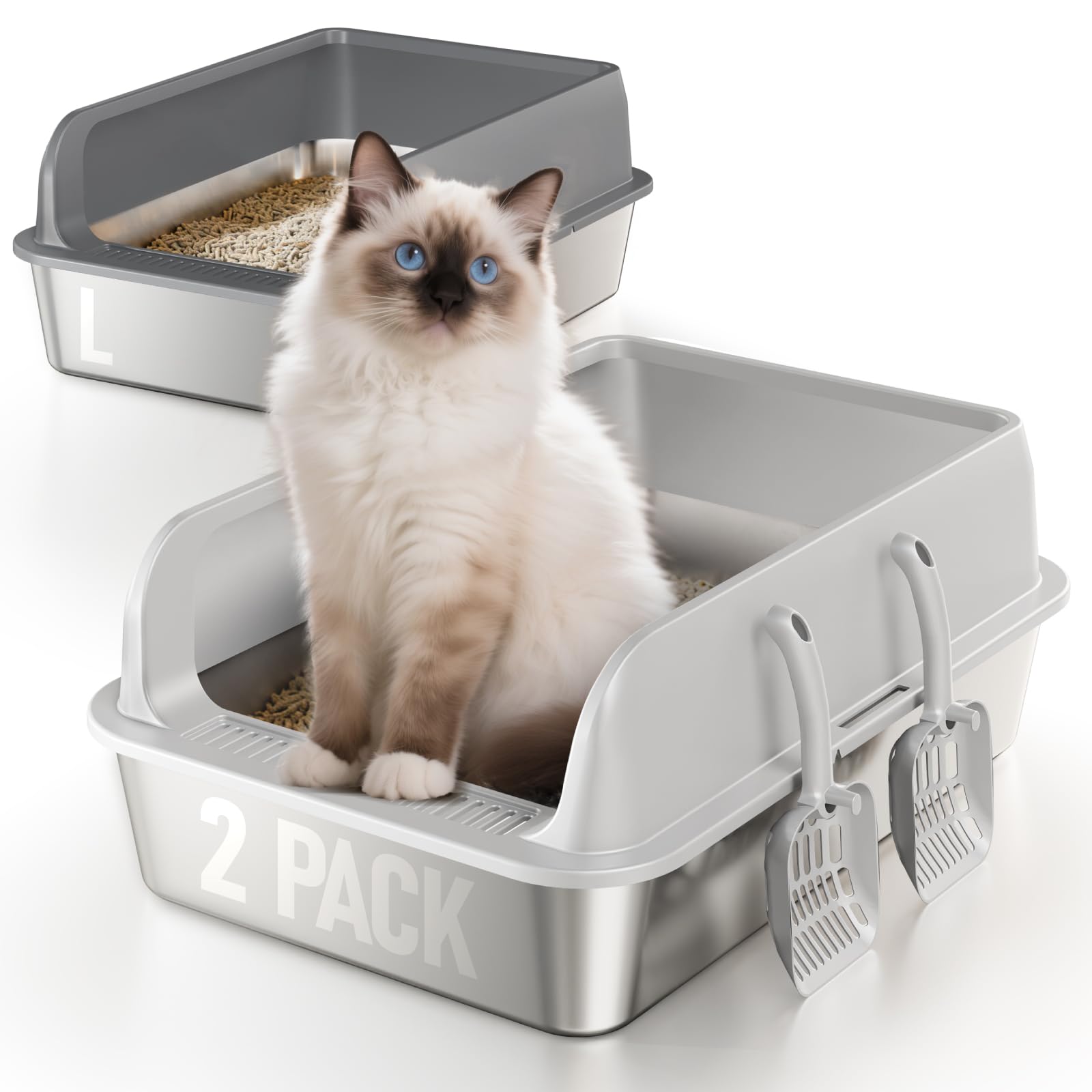 Photo 1 of 2 Pack Stainless Steel Cat Litter Box with Lid, Large Metal Litter Pan for Adult Cats, Multi-Cats, High Sides with Anti-Leakage Enclosure, Easy Cleaning, Non-Stick, Anti-Scratch,Include Scoop