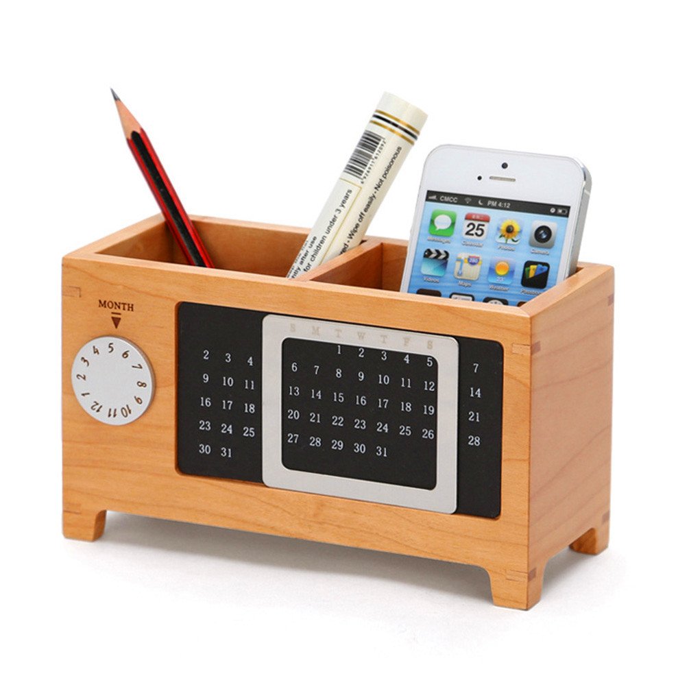 Medifier Wooden Pencils Holder Desk Organizer with Perpetual Calendar