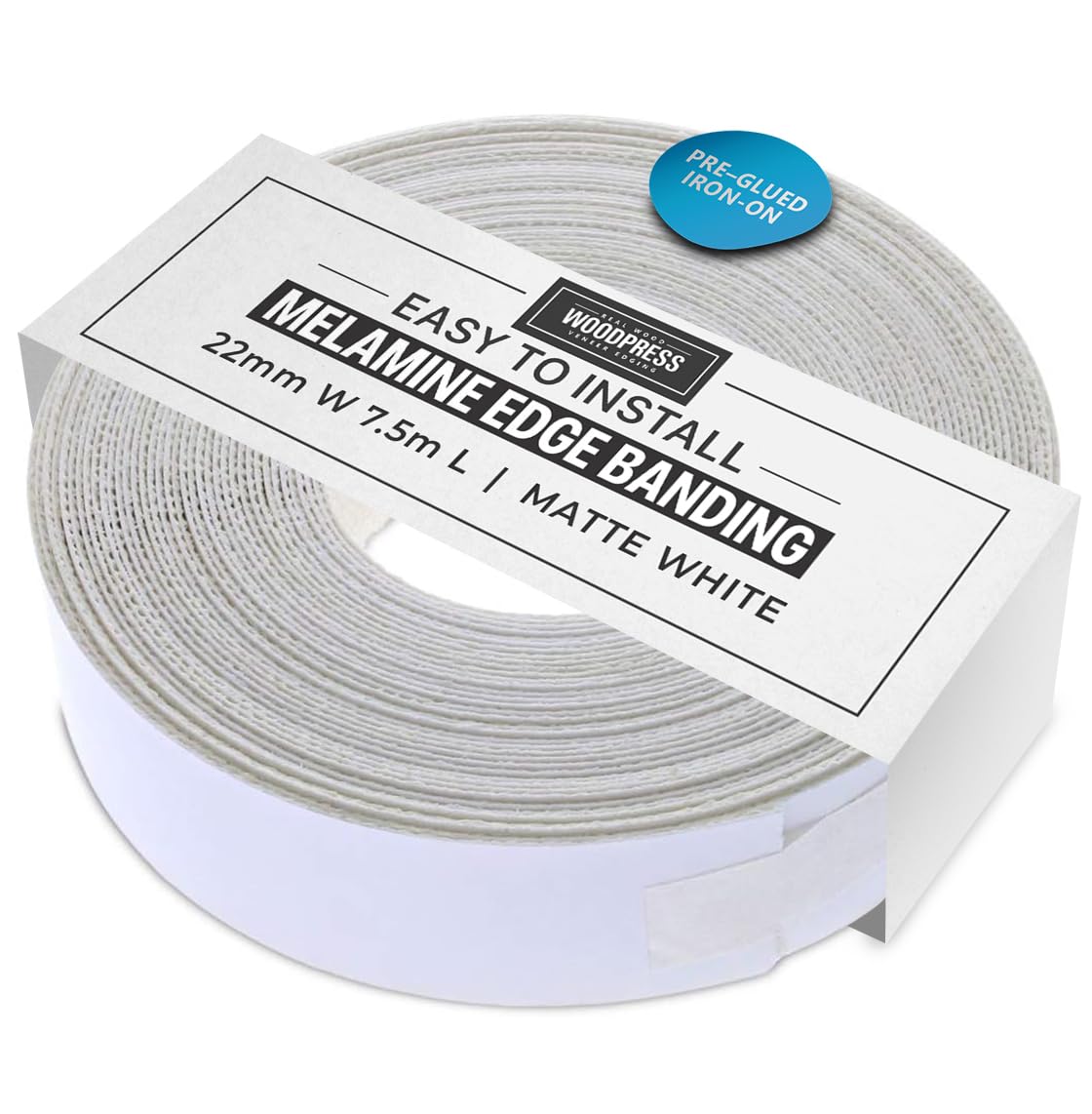 WoodPress® 22mm Matt White Melamine Edging, Pre-Glued Veneer Tape – 7.5m Roll - Iron-On for Easy DIY Application – Will Cover the Edge of a Standard MDF Panel
