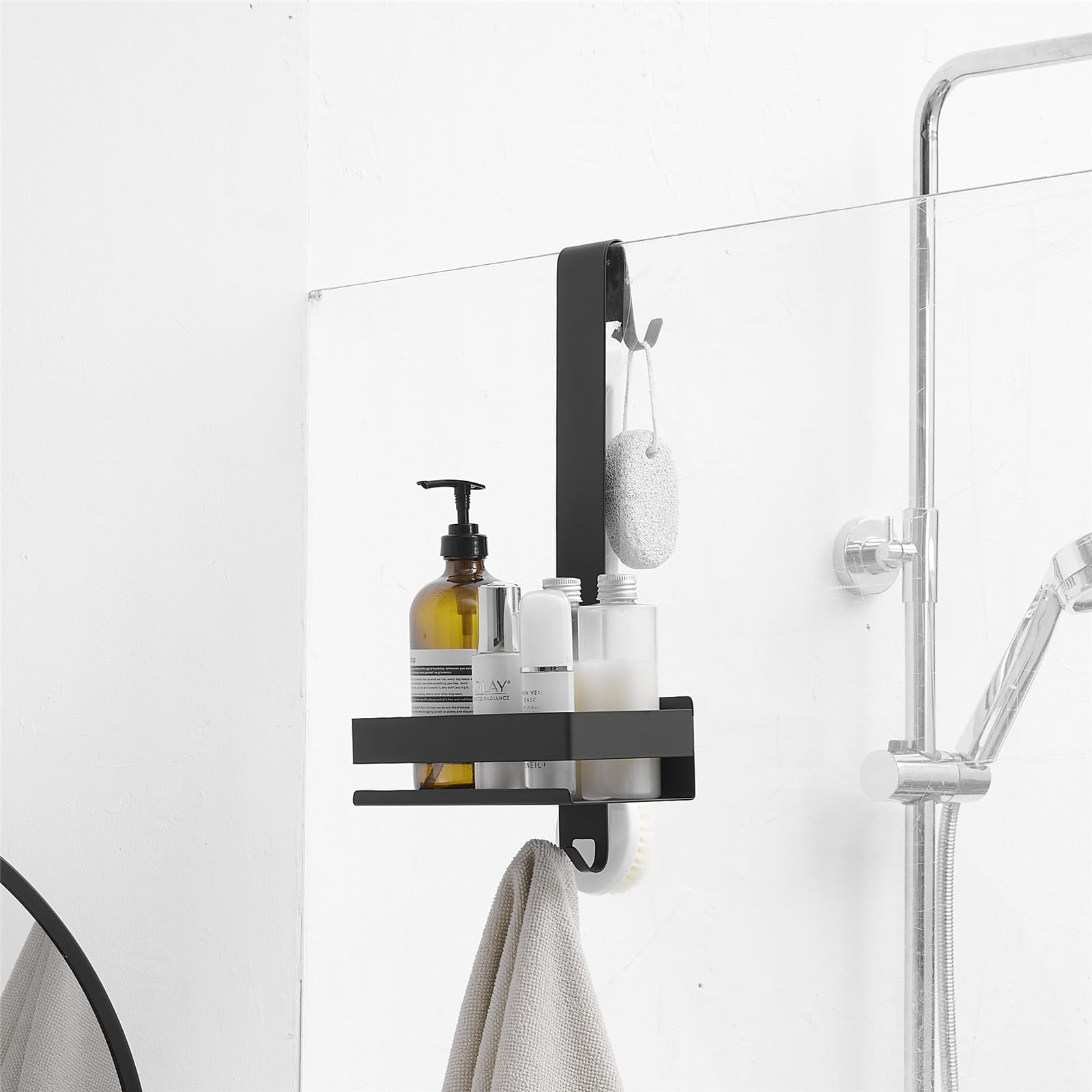 Kelelife Shower Caddy Shelf Hanging Shower Organiser Over Shower Door, Matte Black, No Drilling Shower Rack with Hooks