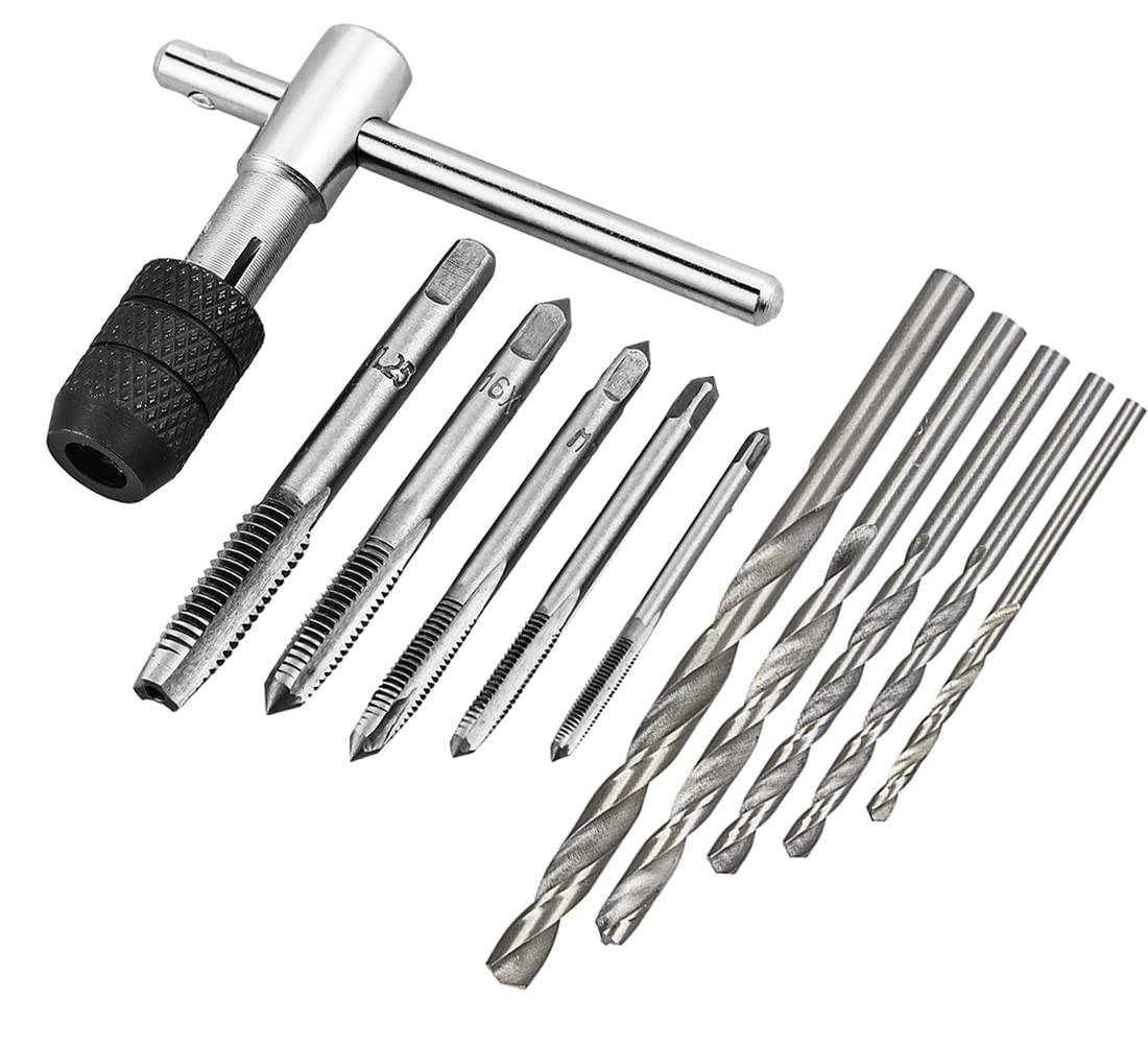 Saipor Adjustable T-Handle Tap Wrenches Set Ratchet Tap Holder Wrench with 5pcs M3-M8 Metric Screw Thread Tap Set and Twist Drill Bits Set