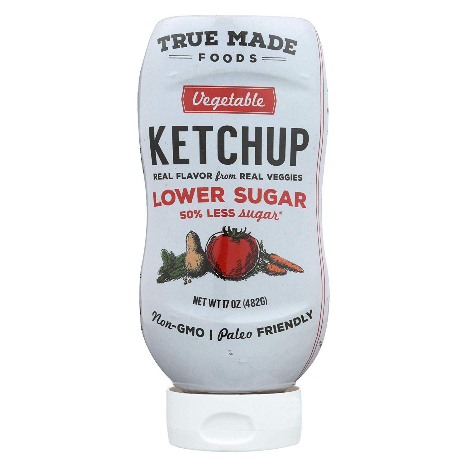 True Made Foods Vegetable Ketchup Inverted Plastic Squeeze, Paleo Friendly, Low Sugar, 17 oz
