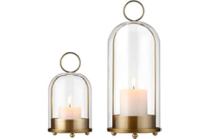 HAVMORPH 5"&4" Hurricane Glass Candle Holders - Glass & Brass Metal Candle Holder for Pillar Candles, Decorative Table Coffee Table Decor, Gold Hurricane Candle Lanterns Cloche for Anthropology Fall Decor