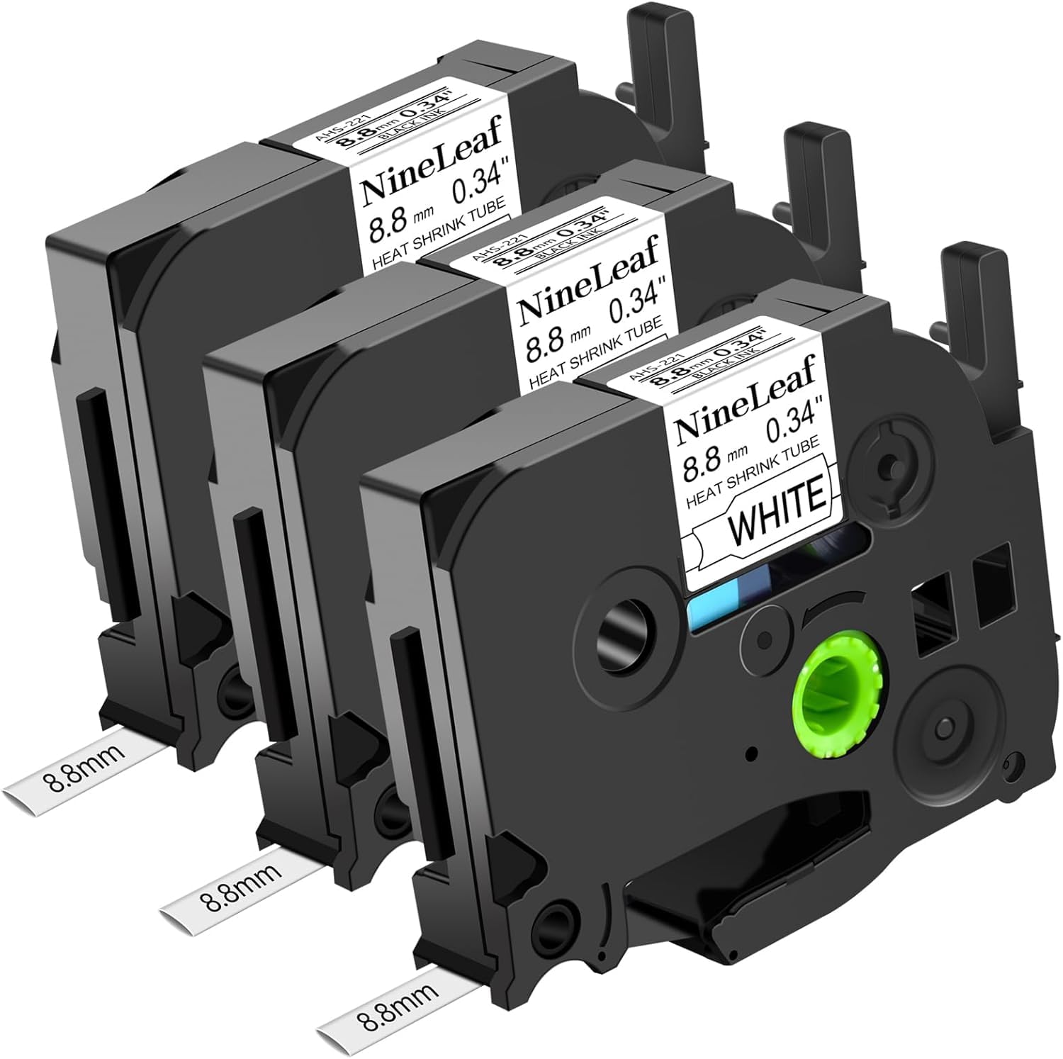 NineLeaf 3 Pack Compatible for Brother P-Touch 8.8mm Heat Shrink Tube HSe221 HSe-221 Label Tape Black on White Cassette for PT-E300 E300VP E500 E550WVP P750WVP H300 Label Maker use in Cables Wires