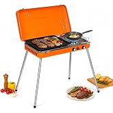 Propane Camping Grill 11,720 BTU Dual Burner, Portable 2-in-1 Tabletop BBQ Stove with Non-Stick Coating, Anti-Slip Mats, Easy Carry Handle for Camping, Picnics, Tailgating