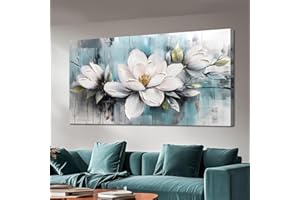 Ardemy Magnolia Wall Art for Living Room, Large White Floral Canvas Wall Art Bedroom Painting Pictures Wall Decor Teal Flower Artwork for Walls Home Office Dining Room, 48"x24"
