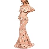 Glampunch Womens Off Shoulder Maternity Dress Ruffles Elegant Slim Gowns Fit Maxi Photography Dress