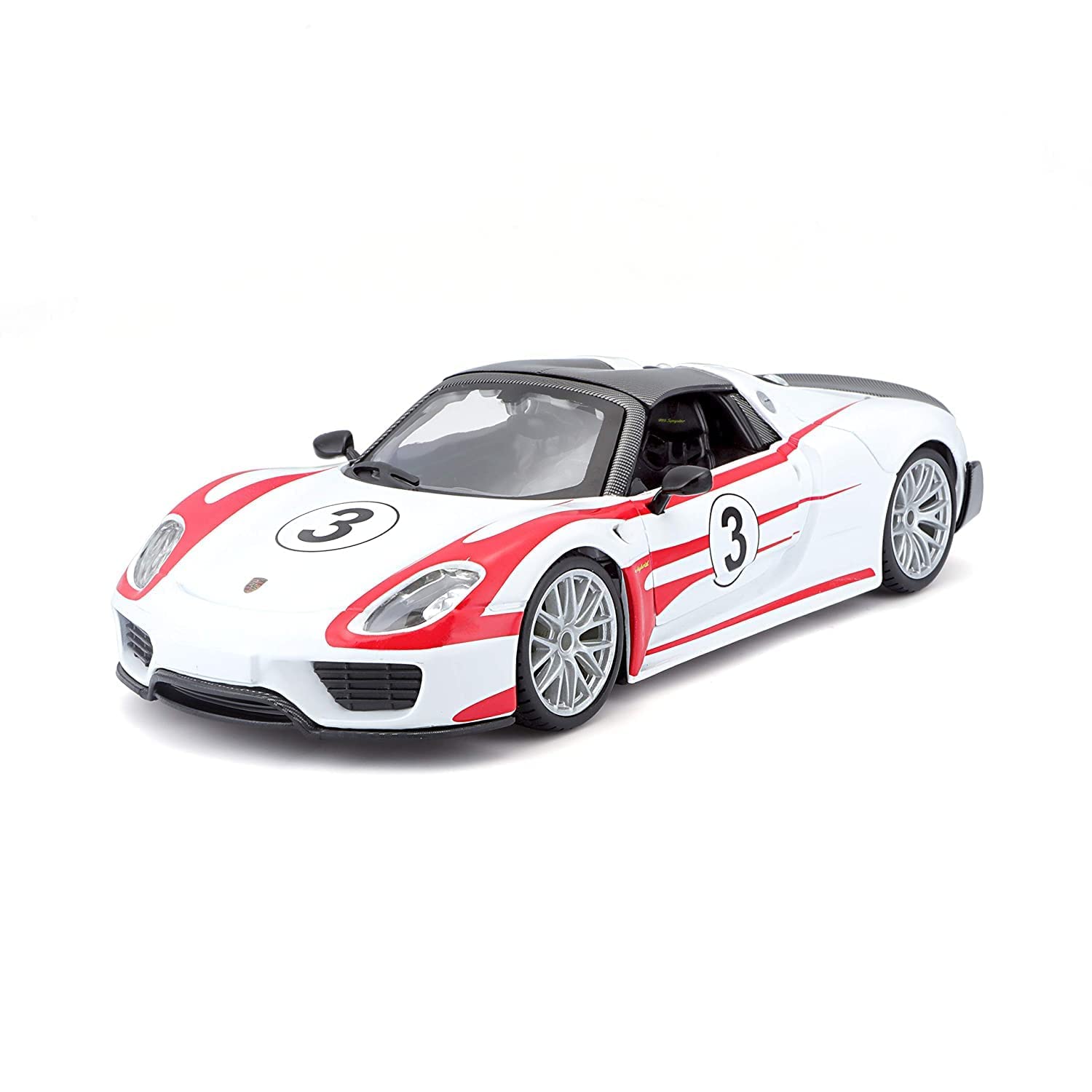 Bburago Race Porsche 918 Weissach #3: Model Car in Scale 1:24, Doors for Opening, Steerable, 15 cm, White (18-28009)