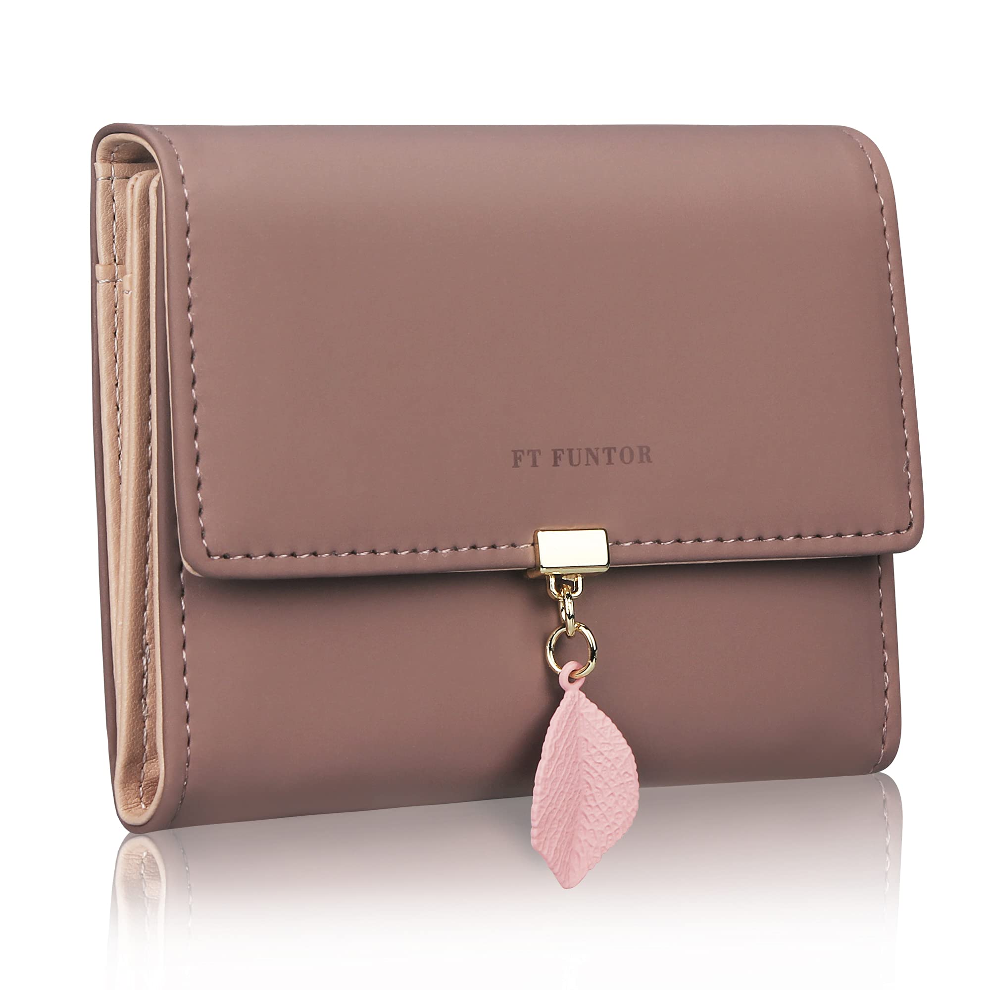 FT FUNTOR PU Leather Wallet for Women RFID-Blocking, Ladies Bifold Leaf Pendant Coin Zipper Small Purse with 5 Card Slots and 1 ID Window Card Holder Organizer (S-Grayish Purple)