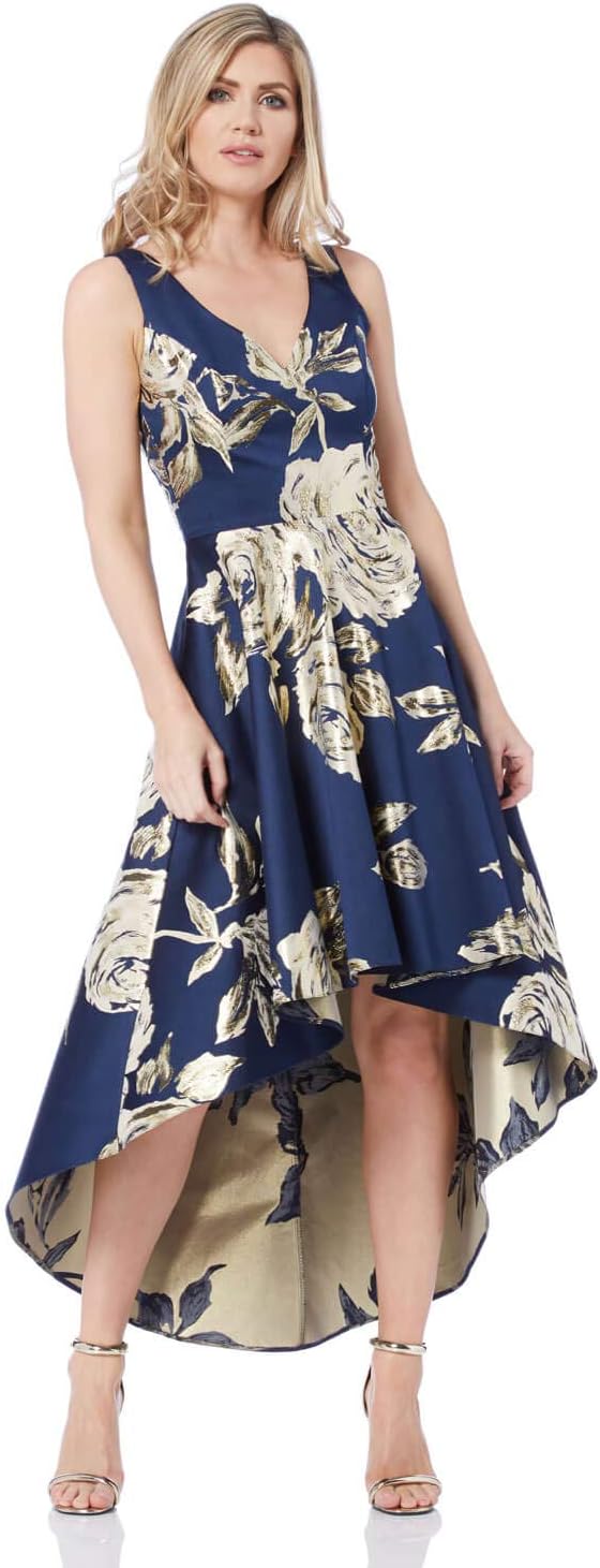 Women Metallic Jacquard Floral Print Dress - Ladies Rose Flower Midi Formal A-line Fit & Flare High Low Asymmetric Dip Hem Ball Gown