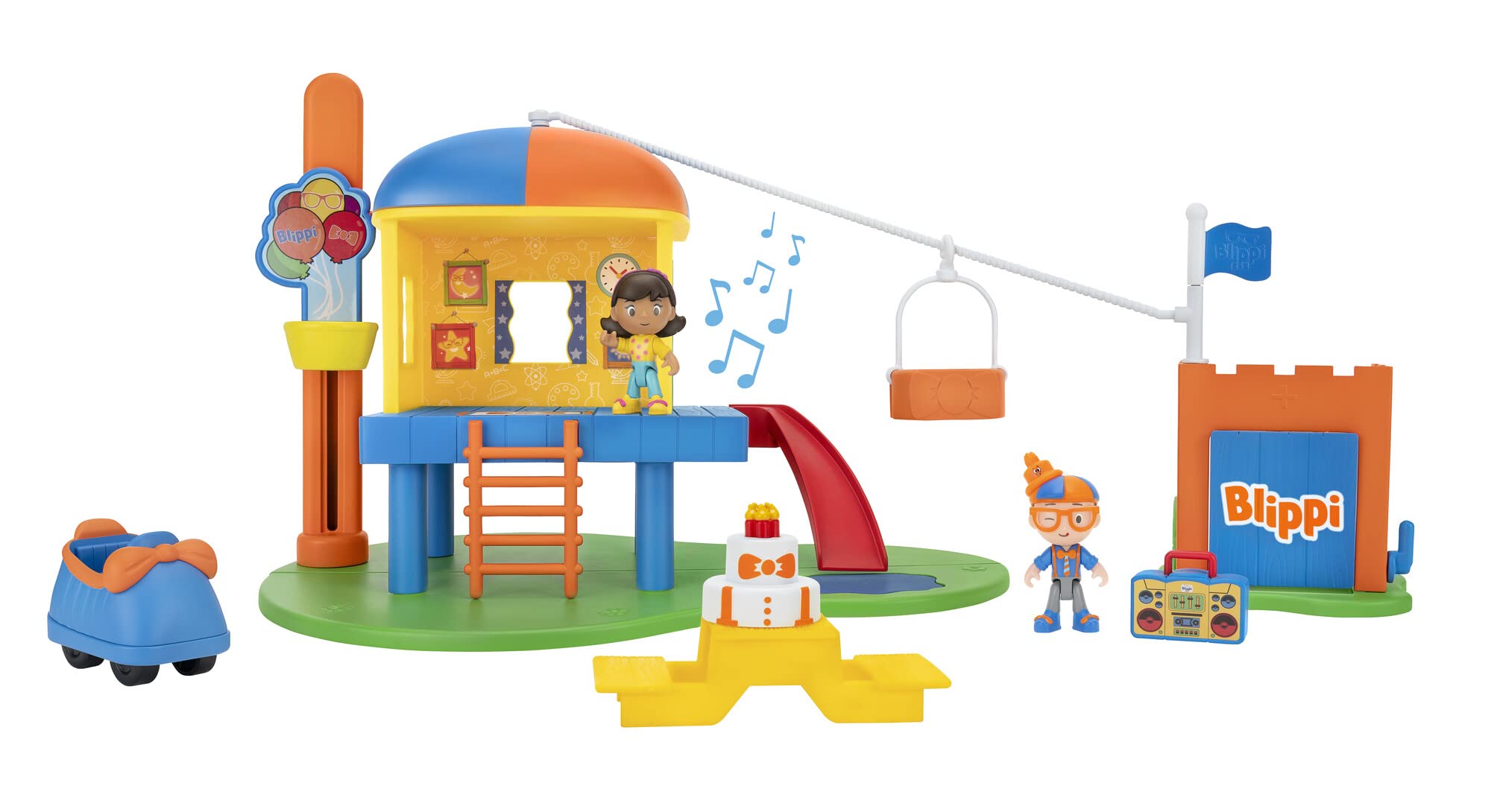 Photo 1 of Blippi Ultimate Party Adventure, Deluxe Playset - Includes Exclusive Party Figure, Girl Figure, Playground Playset, 4 Accessories, Sounds, Working Balloon Basket Elevator - Amazon Exclusive