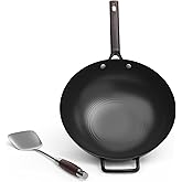 SUMEIGUAN 13.5" Carbon Steel Wok Flat Bottom, Deep Stir-fry Pans Nonstick Pre-Seasoned Chinese Wok Large Iron Non Toxic Cookware with Spatula, Ideal for Induction, Electric, Stove, Gas