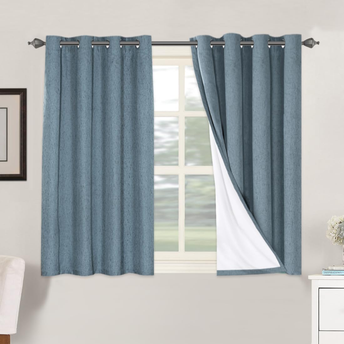 Photo 1 of H.VERSAILTEX Linen Blackout Curtains 45 Inches Long 100% Blackout Thermal Insulated Textured Linen Look Curtain Draperies Anti-Rust Grommet, Energy Saving with White Liner, 2 Panels, Stone Blue