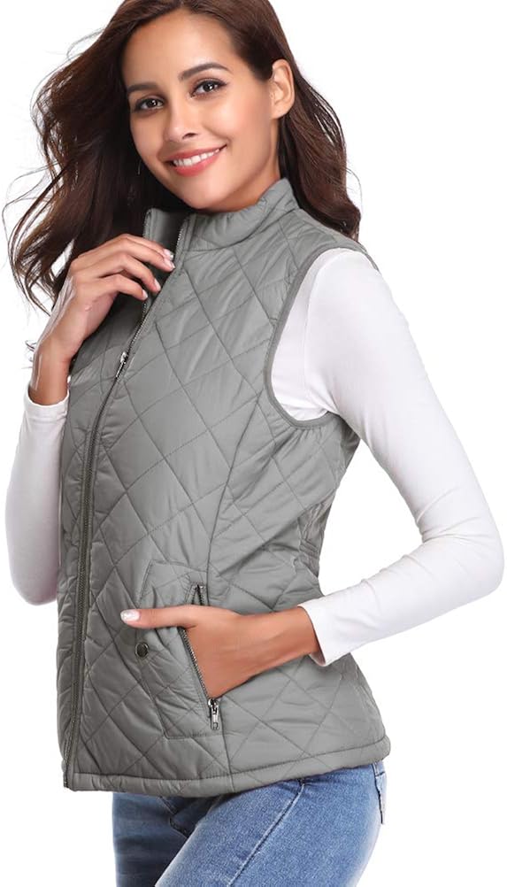 fuinloth Women's Padded Vest, Stand Collar Lightweight Zip Quilted Gilet: Clothing