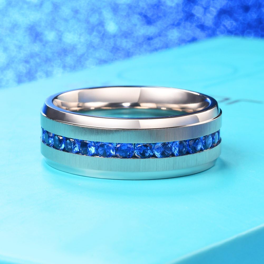 King Will 8mm Silver/Black Titanium Ring for Men Women Wedding Band With Blue/White Inlay Engagement Ring | 