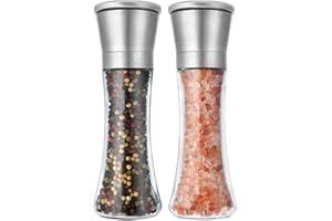 Salt and Pepper Grinder Set, Kitchen Utensils, Manual Seasoning Shakers with Adjustable Coarse, Clear Glass Body, Refillable 