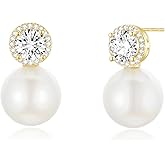 Geelein Pearl Earrings 925 Sterling Silver Post Bridal Wedding Halo Cubic Zirconia 12MM Pearl Stud Earrings Hypoallergenic for Women
