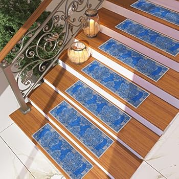 [Set of 7] Blue Meander Ornament Tread Rugs | Modern Design Carpet Treads [Easy to Clean] Rubber Non-Slip Non-Skid Backing | Nylon Low Pile 9