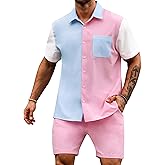 LecGee Men Summer Casual Short Sets Contrast Short Sleeve Button Down Shirt and Shorts Set 2 Piece Outfits Tracksuit