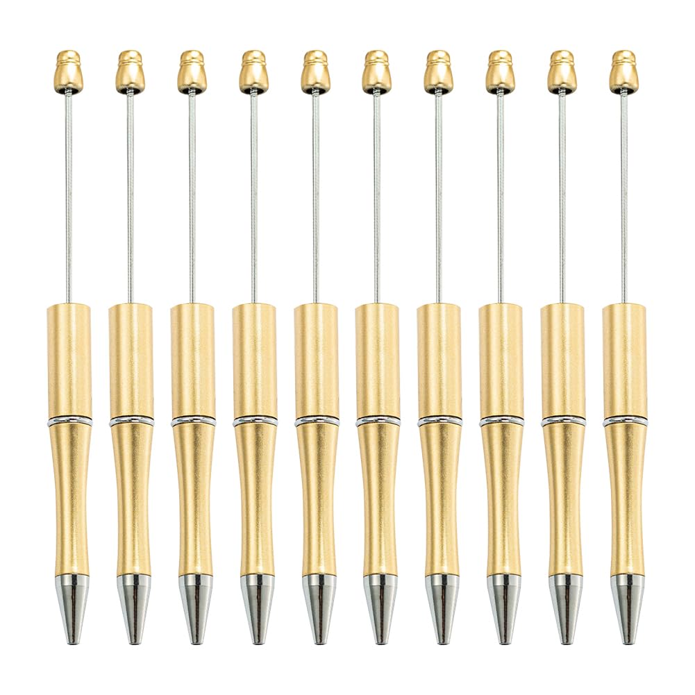 JIHUOO 12 Pcs Plastic Beadable Pens Bead Ballpoint Pen Black Ink Beaded Pens Diy Pens Cute Cool Pens for Students Teacher Golden