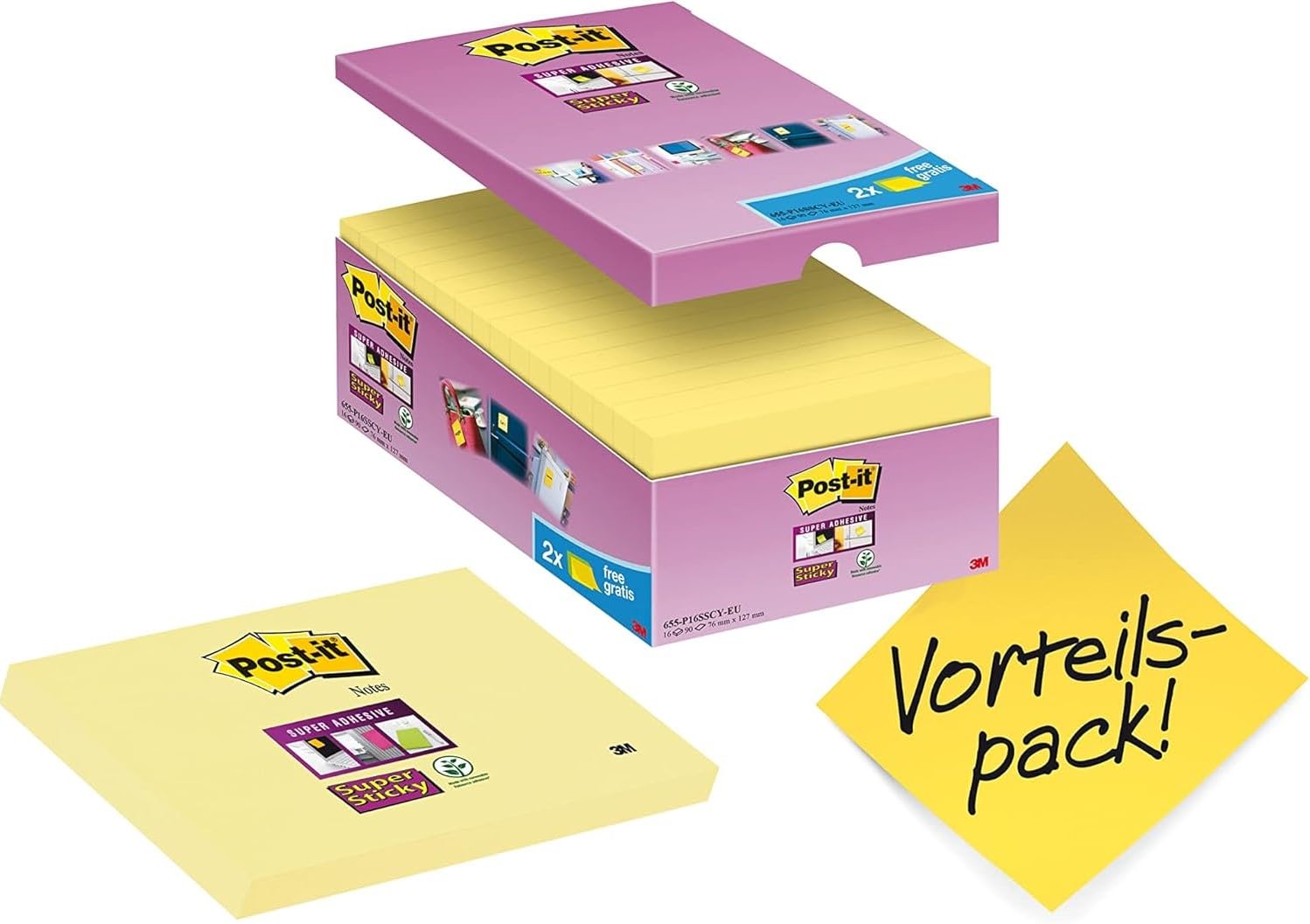 Post-it Super Sticky Notes, 1440 Sheets, Value Pack of 14 + 2 Free Pads, 76 mm x 127 mm, Canary Yellow - Holds Strong to Many Surfaces - for Walls, Monitors and Fridge, Recycable — image 1