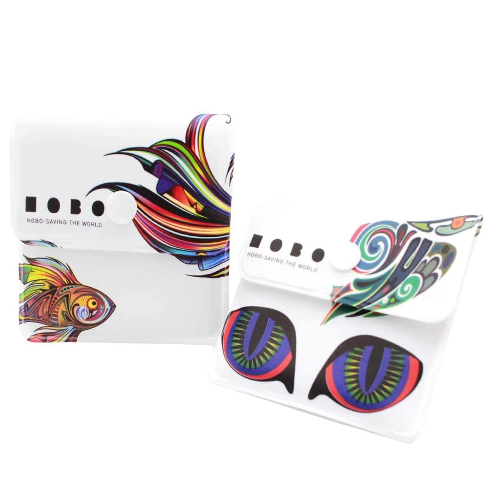 Xhuan 2 white pocket ashtray ash bags - Fire resistant PVC - Smell free - Portable compact - Uniquely designed rainbow fish and psychedelic cat pattern