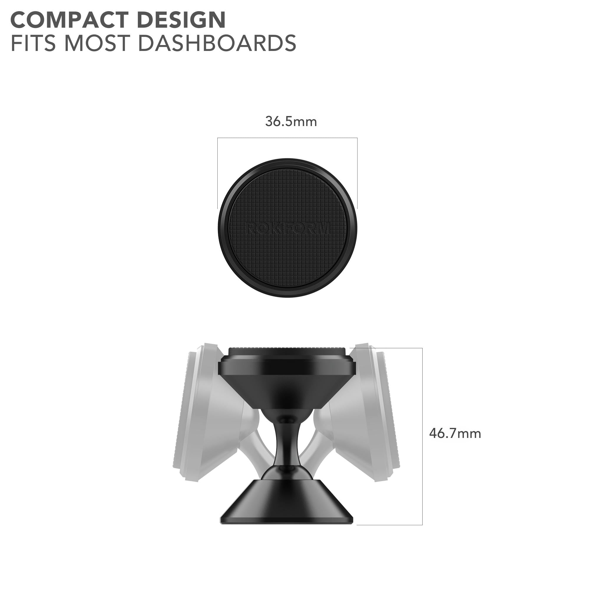 ROKFORM - Adjustable Magnetic Car Mount, 360 Degree Swivel with 3M VHB Tape, Cell Phone Holder, Aluminum Dashboard Phone Mount Stand for Truck Car & Van (Black)