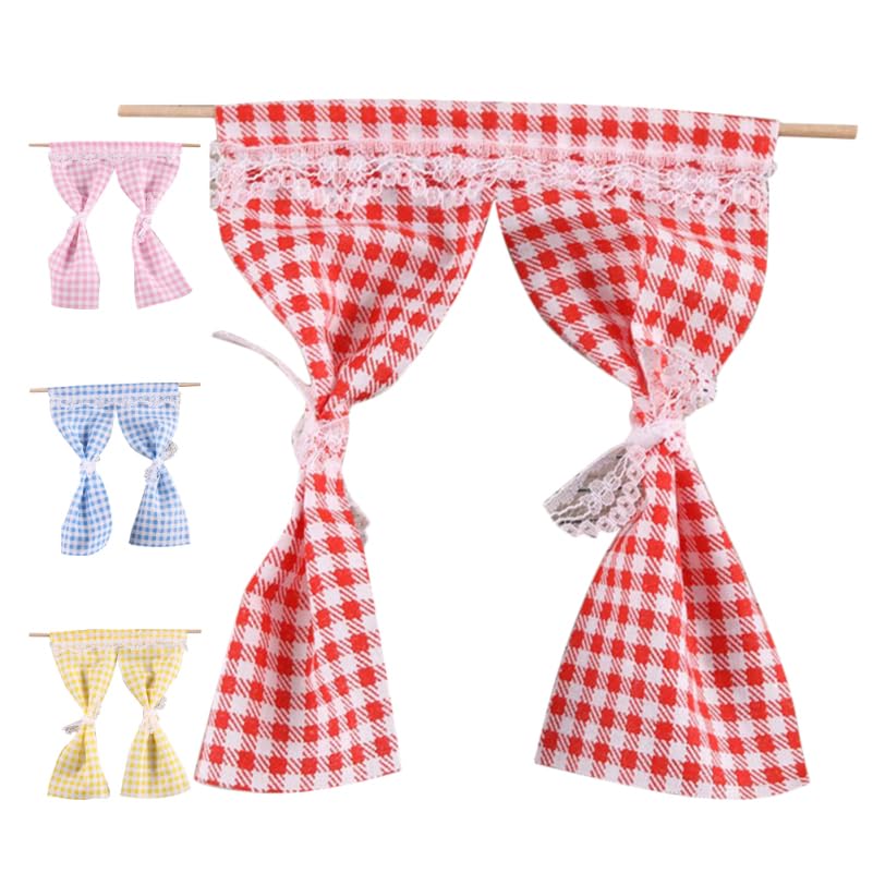 Joinpaya 4Pcs Dollhouse Mini Curtains Set 1:12 Scale Miniature Gingham Window Drapes with Lace Trim Tiny Fabric Window Treatments for Miniature House Decoration Kitchen Bedroom Accessories