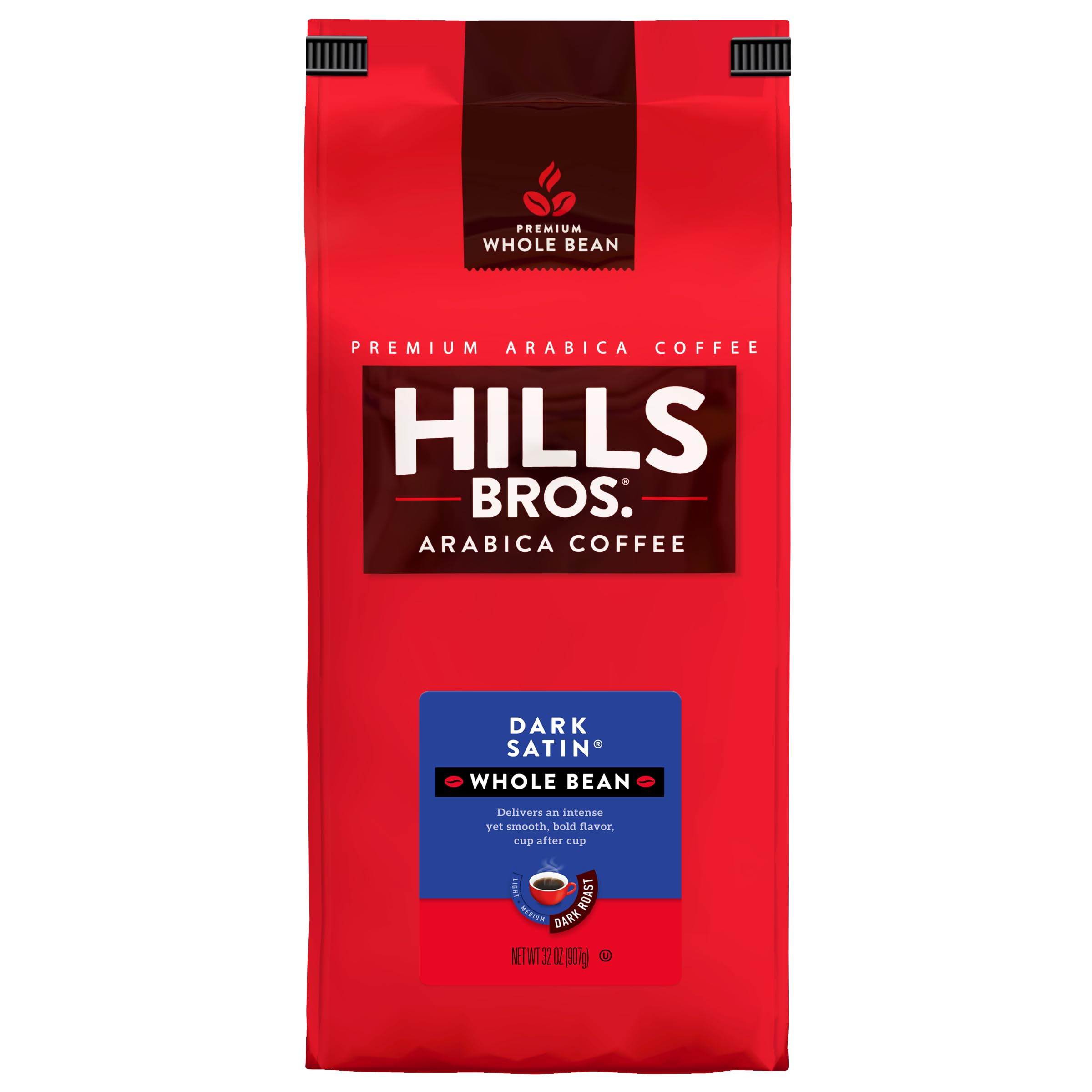 Hills Bros. Dark Satin Whole Bean Coffee – Rich and Bold Premium Arabica Coffee Beans – Orthodox Union Kosher – Dark Roast, Fresh Grind for Best Aroma & Taste – Dark Satin, 6 Packs of 32oz