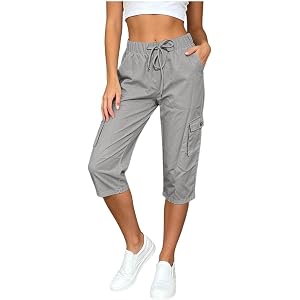 Capri Pants for Women Split Hem Petite Bermuda Shorts Knee Length Elastic Waist Summer Beach Cropped Trousers