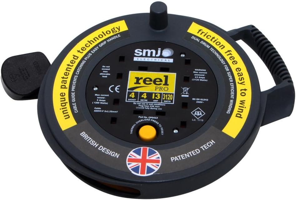 SMJ Electrical CP0413 ReelPro 4 Metre 13 amp 4 socket thermal cable