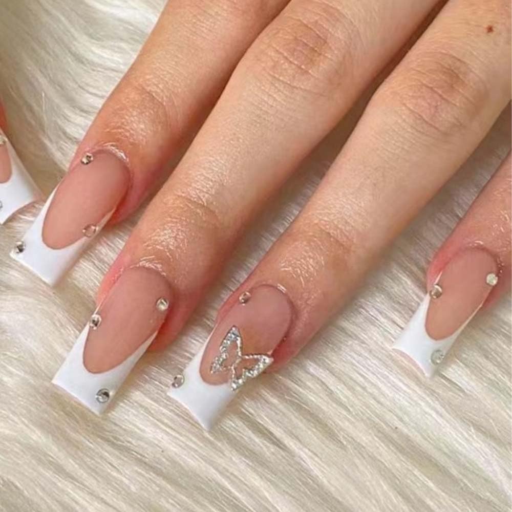 Photo 1 of ANDGING French Tip Press on Nails Medium Square White Fake Nail with Rhinestone Butterfly Design on Nail for Women Acrylic False Nails Stick on Nails Manicure Press on Nail for Wedding 24Pcs