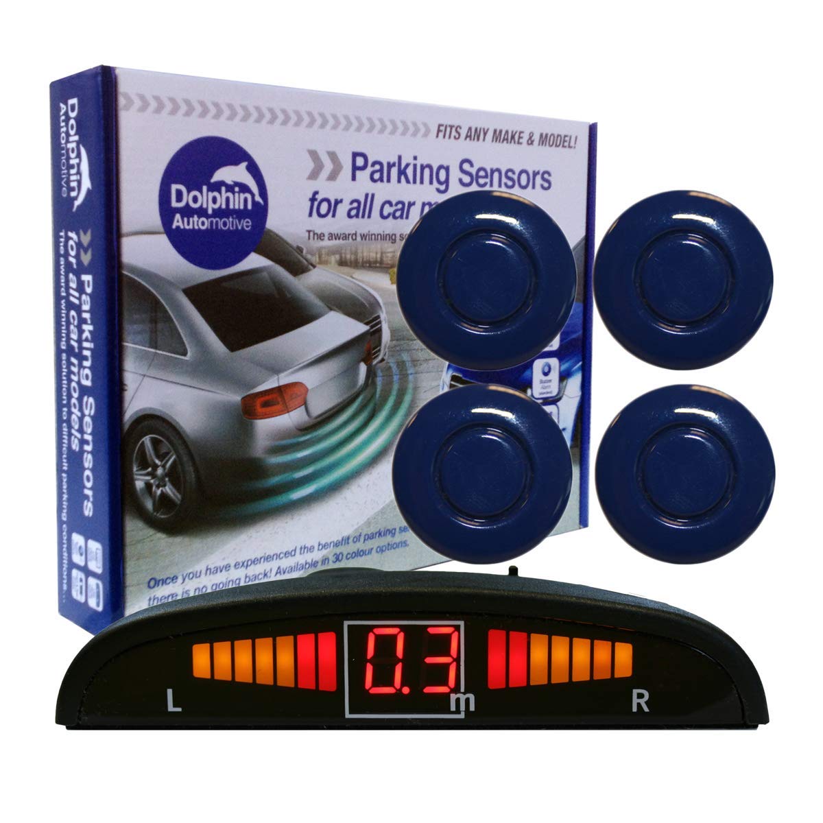 Dolphin Automotive DPS450 Reverse Parking Sensors In 32 Colours 4 Ultrasonic Radar Sensors Kit Audio & Display Alert System - Sky Blue